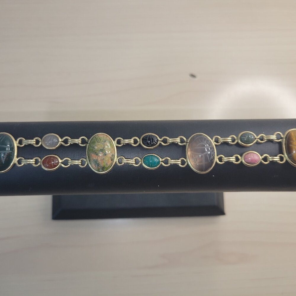 Vintage Double Row Egyptian Revival Carved Scarab Stone Gold Cabochon Bracelet
